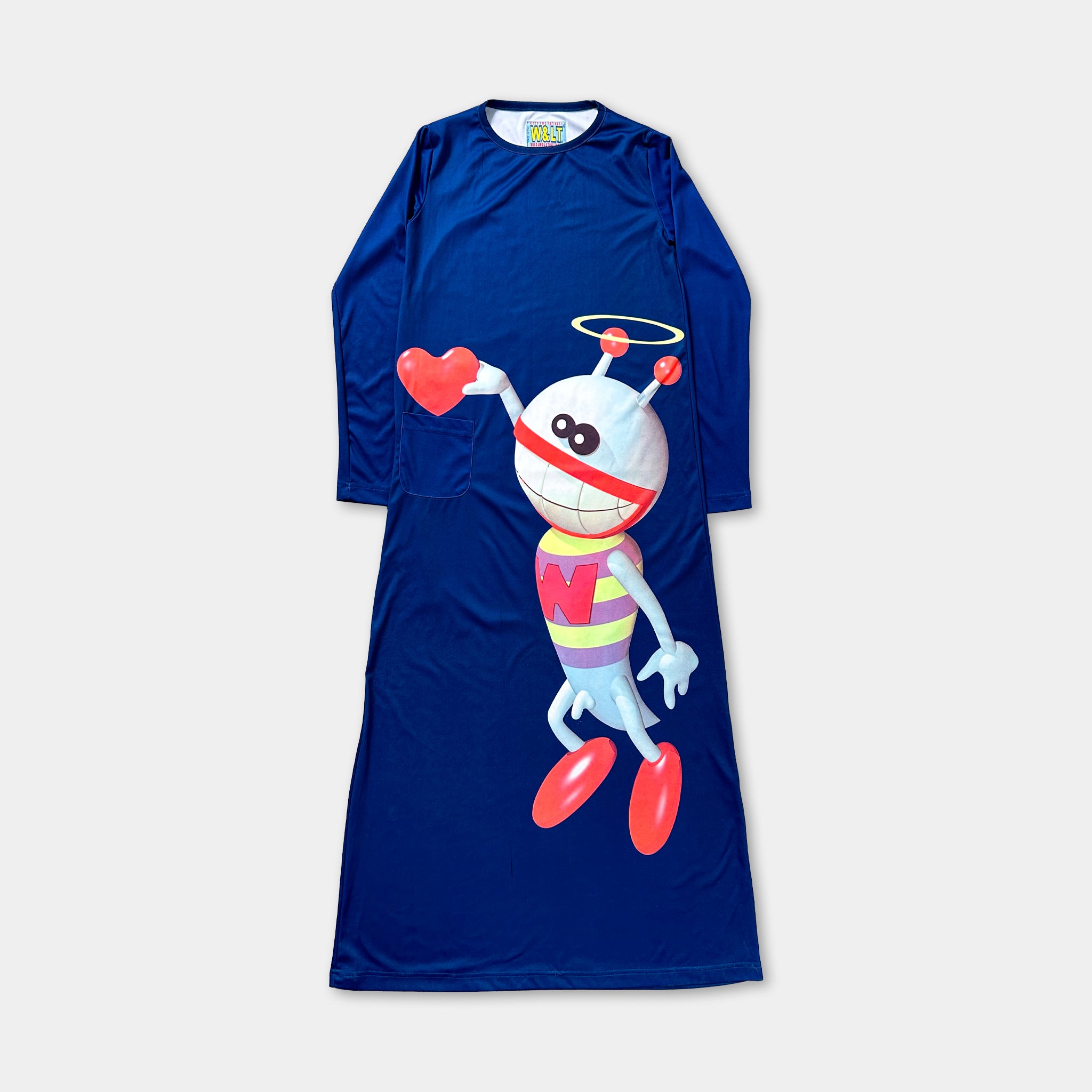 A blue long-sleeved dress with a colorful, cartoonish alien character printed on it.