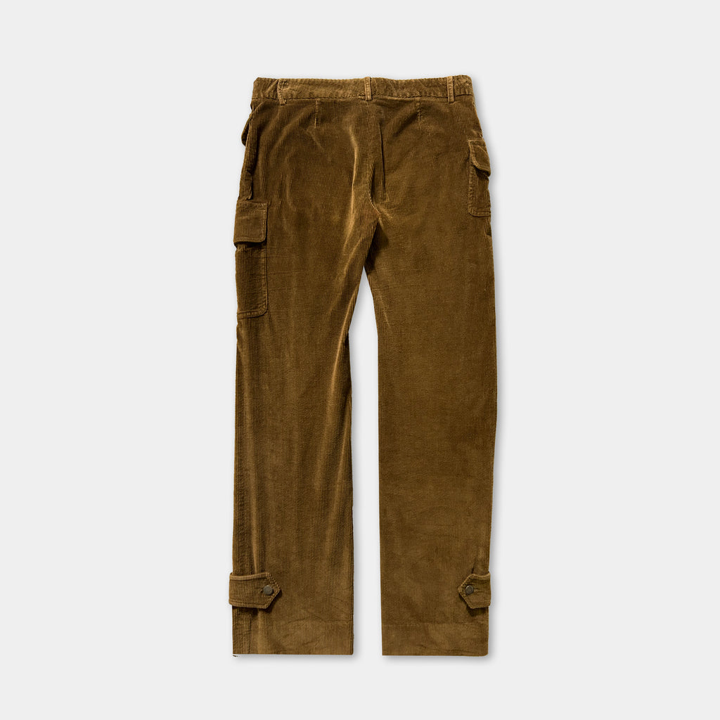 A pair of brown corduroy pants with pockets and a belt.