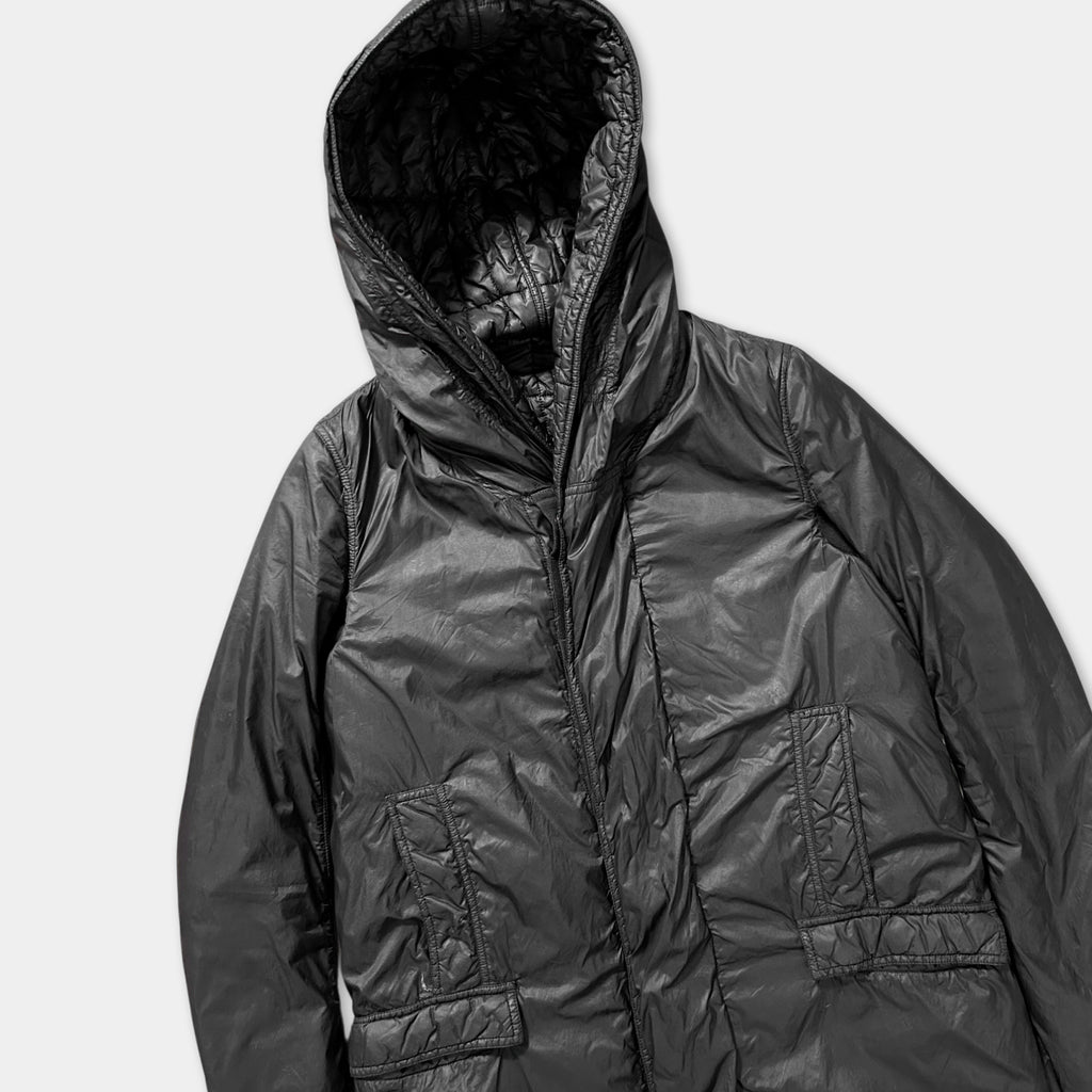 A black hooded winter coat with a zipper and pockets.