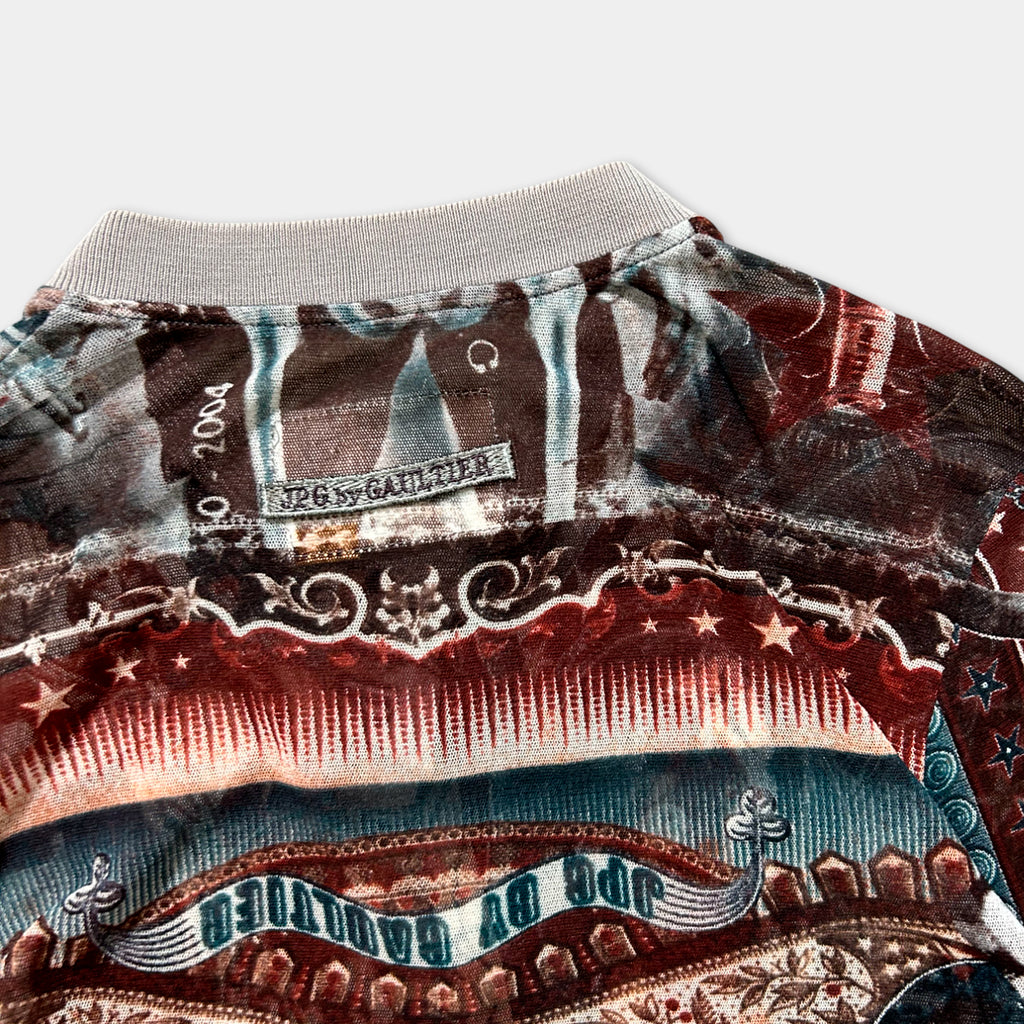 a close-up view of a colorful, patterned jacket with various designs and textures.