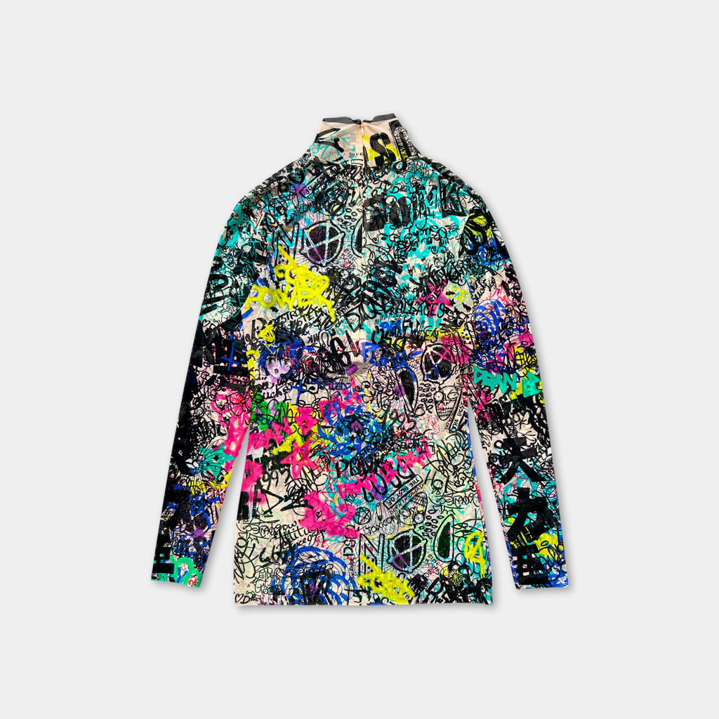a colorful, graffiti-style jacket with a vibrant, abstract design covering the entire back.