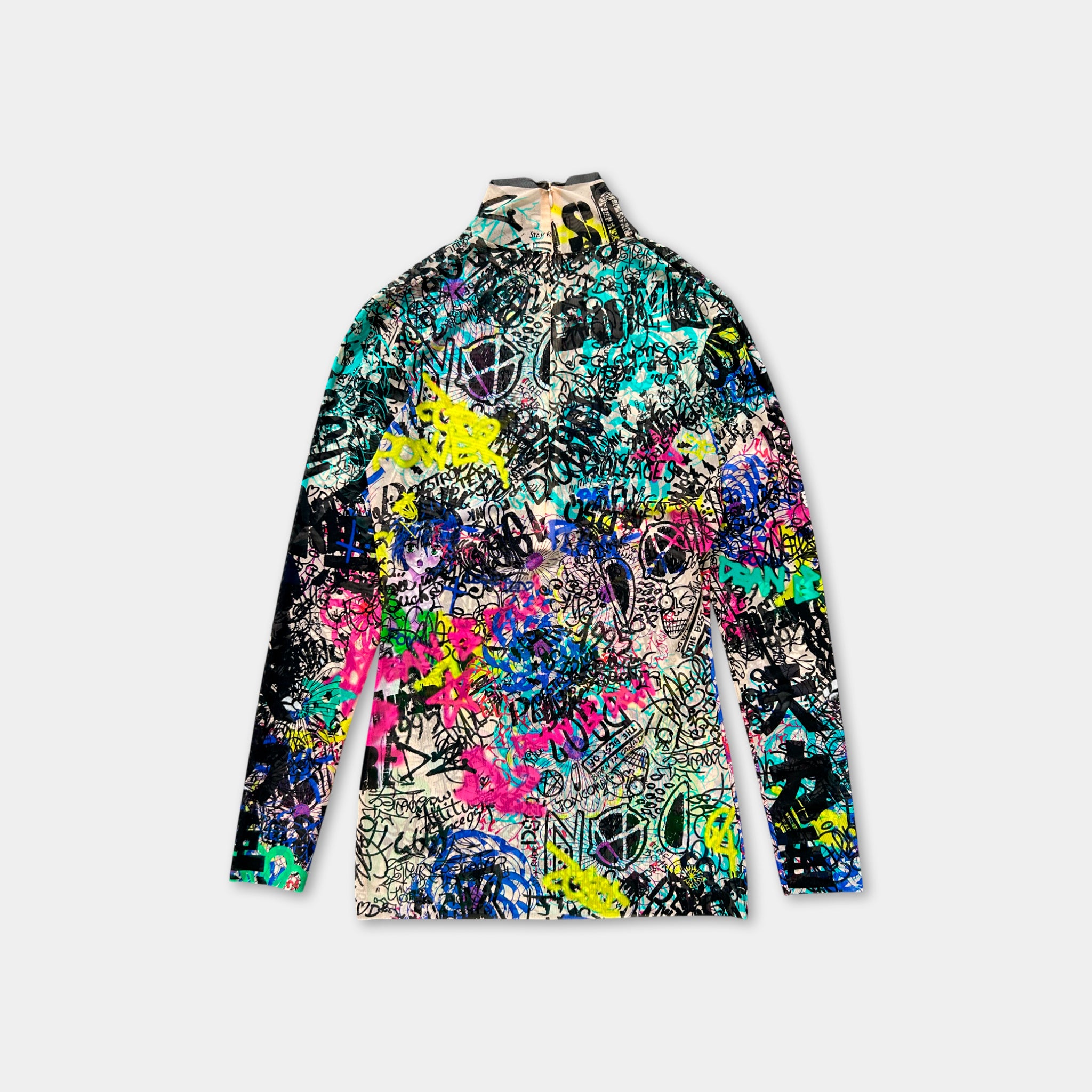 a colorful, graffiti-style jacket with a vibrant, abstract design covering the entire back.