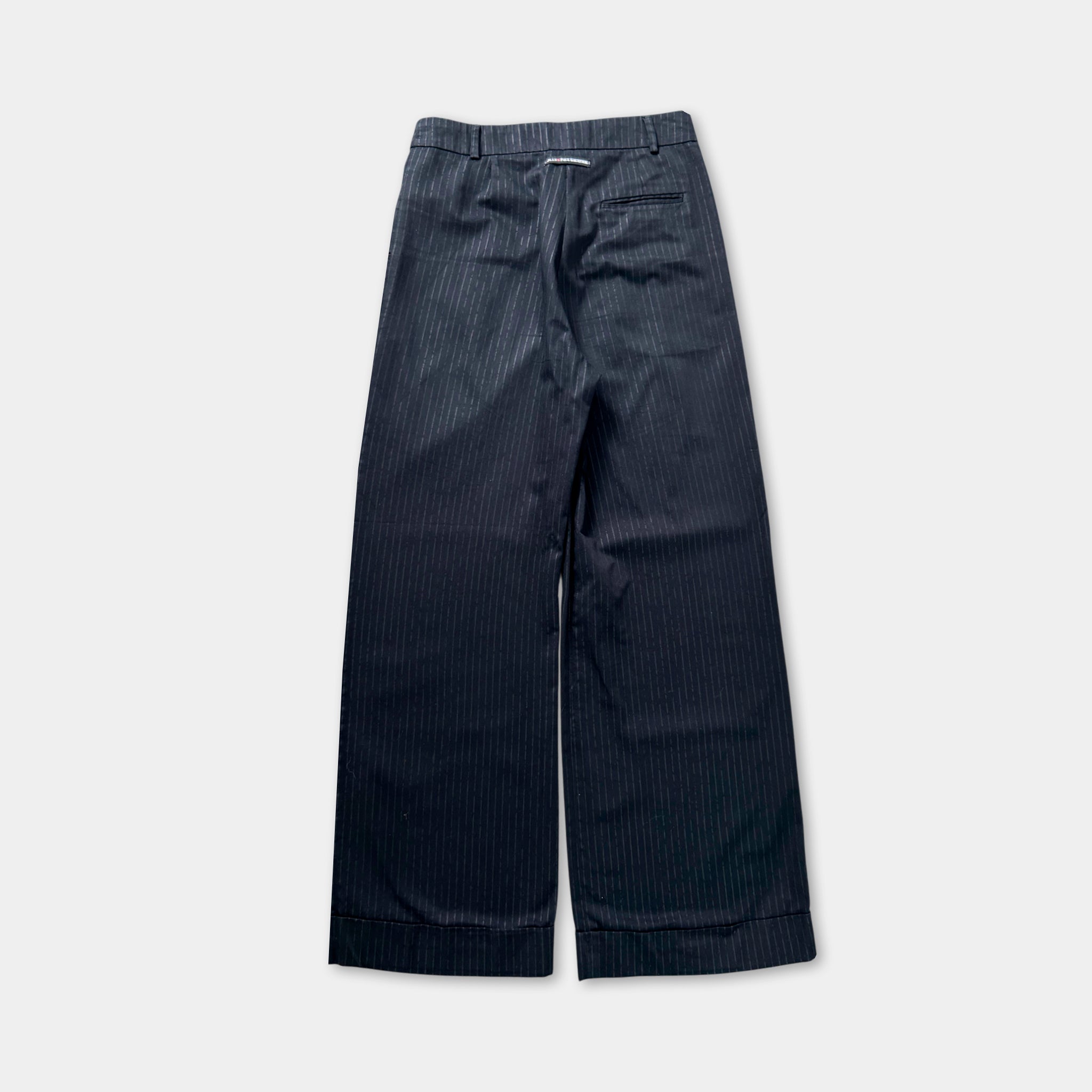 A pair of black pinstriped trousers with a waistband and a pocket on the back.