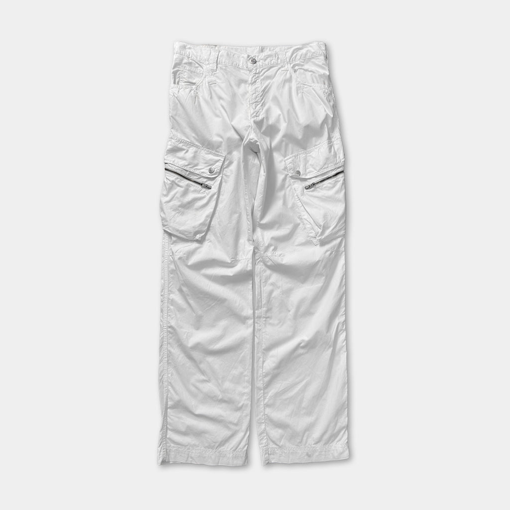 A pair of white cargo pants with multiple pockets.