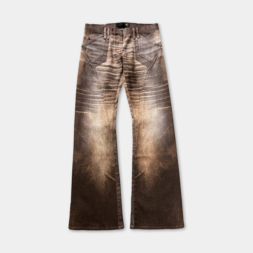 A pair of brown, distressed jeans with a bell-shaped leg and a high-waisted design.