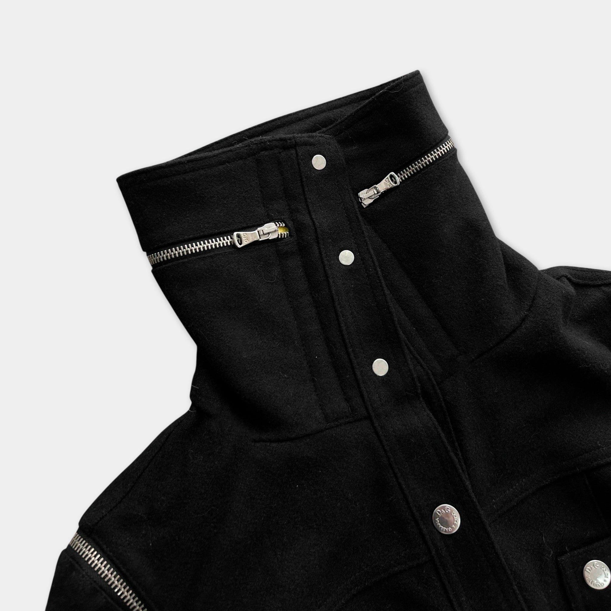 A close-up view of a black jacket with a high collar and two zippers on the front.