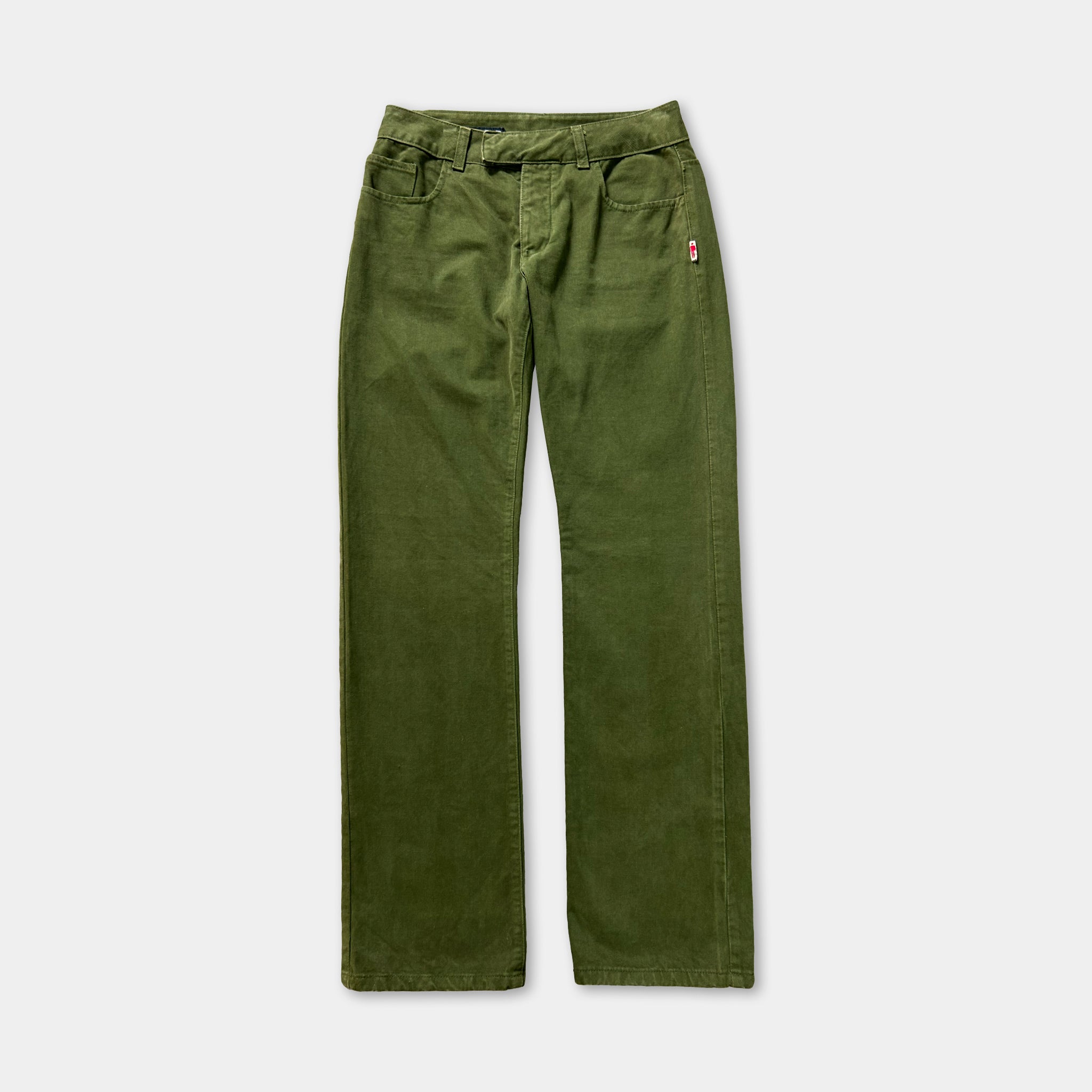 A pair of olive green, wide-leg jeans with a button waistband and a small red tag on the left pocket.