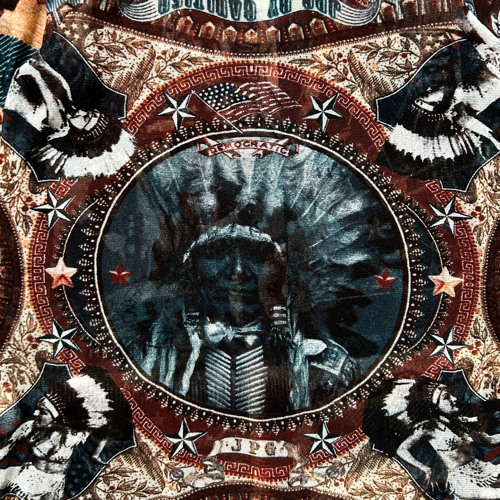 The image is a collage featuring a central image of a Native American headdress surrounded by various other images, including a person's face and a bird.