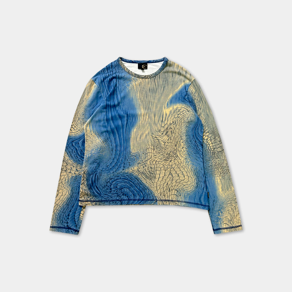 a long-sleeved shirt with a blue and yellow abstract pattern.