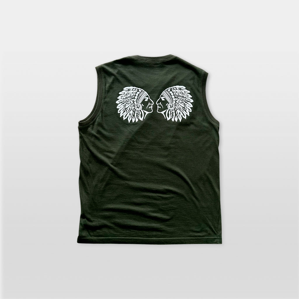 a dark green sleeveless t-shirt with a graphic design on the back featuring two stylized Native American headdresses facing each other.