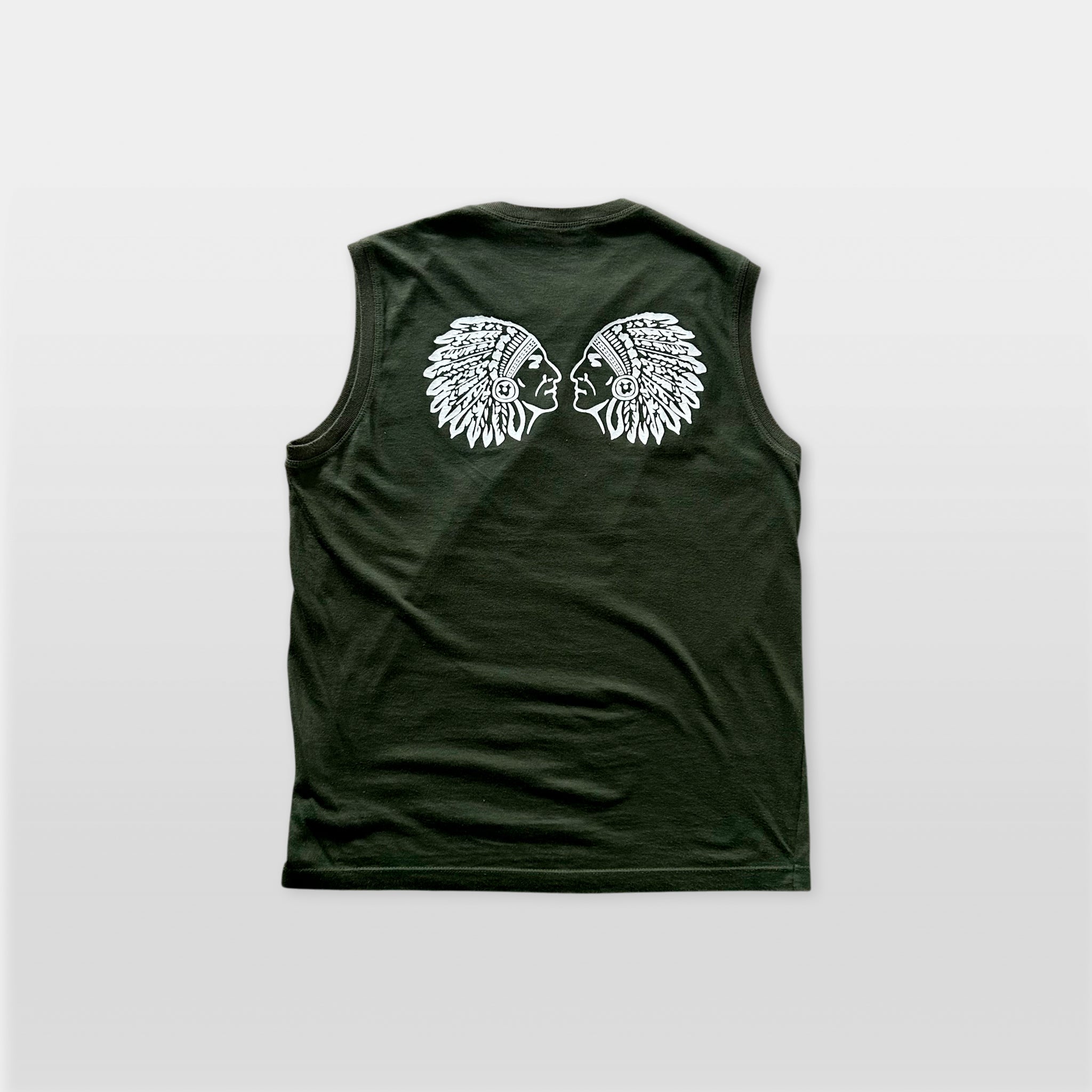 a dark green sleeveless t-shirt with a graphic design on the back featuring two stylized Native American headdresses facing each other.