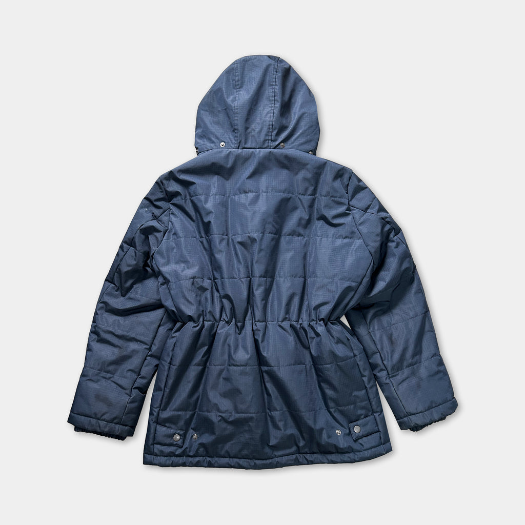 A navy blue puffy jacket with a hood, displayed against a white background.