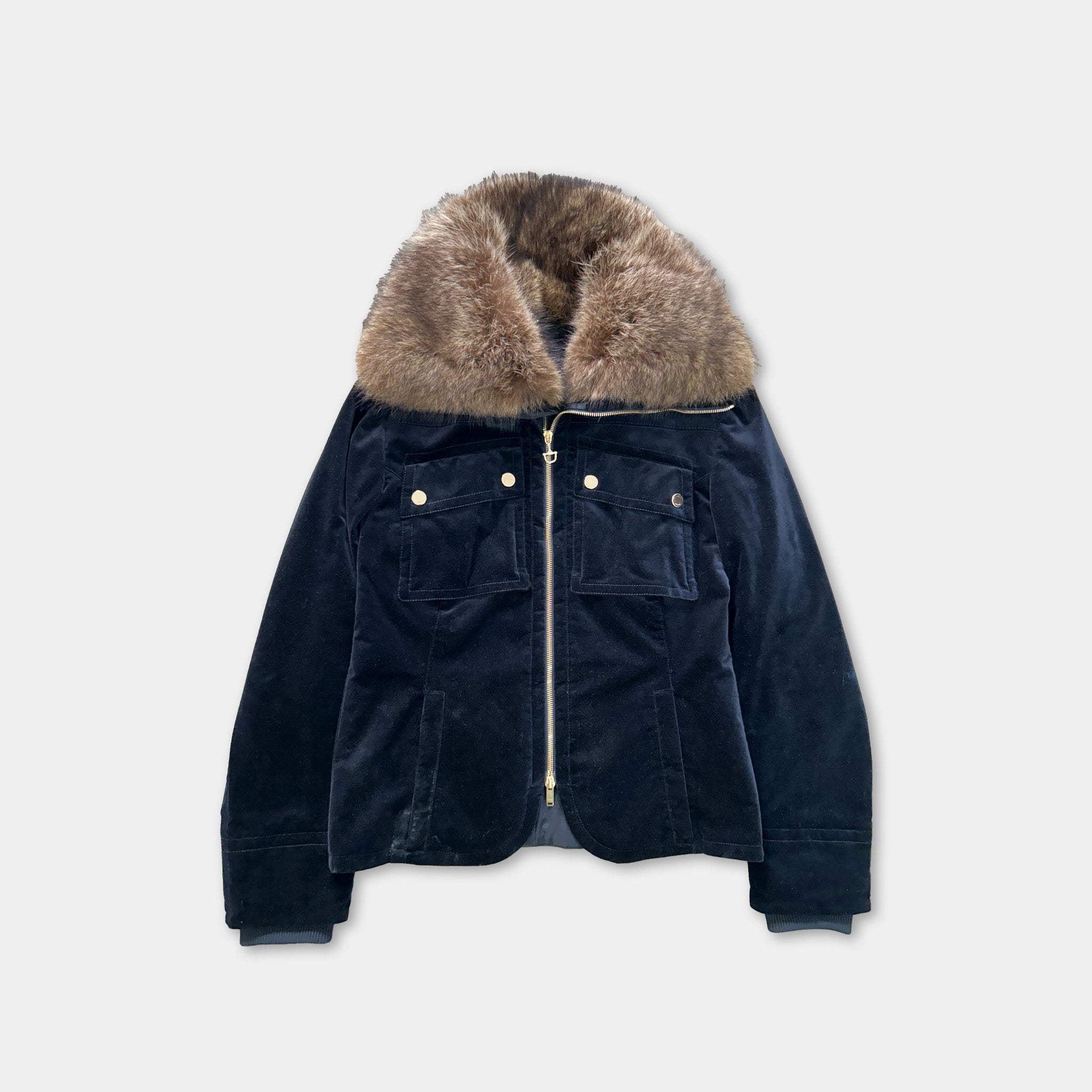 A navy blue velvet jacket with a fur collar and zipper.
