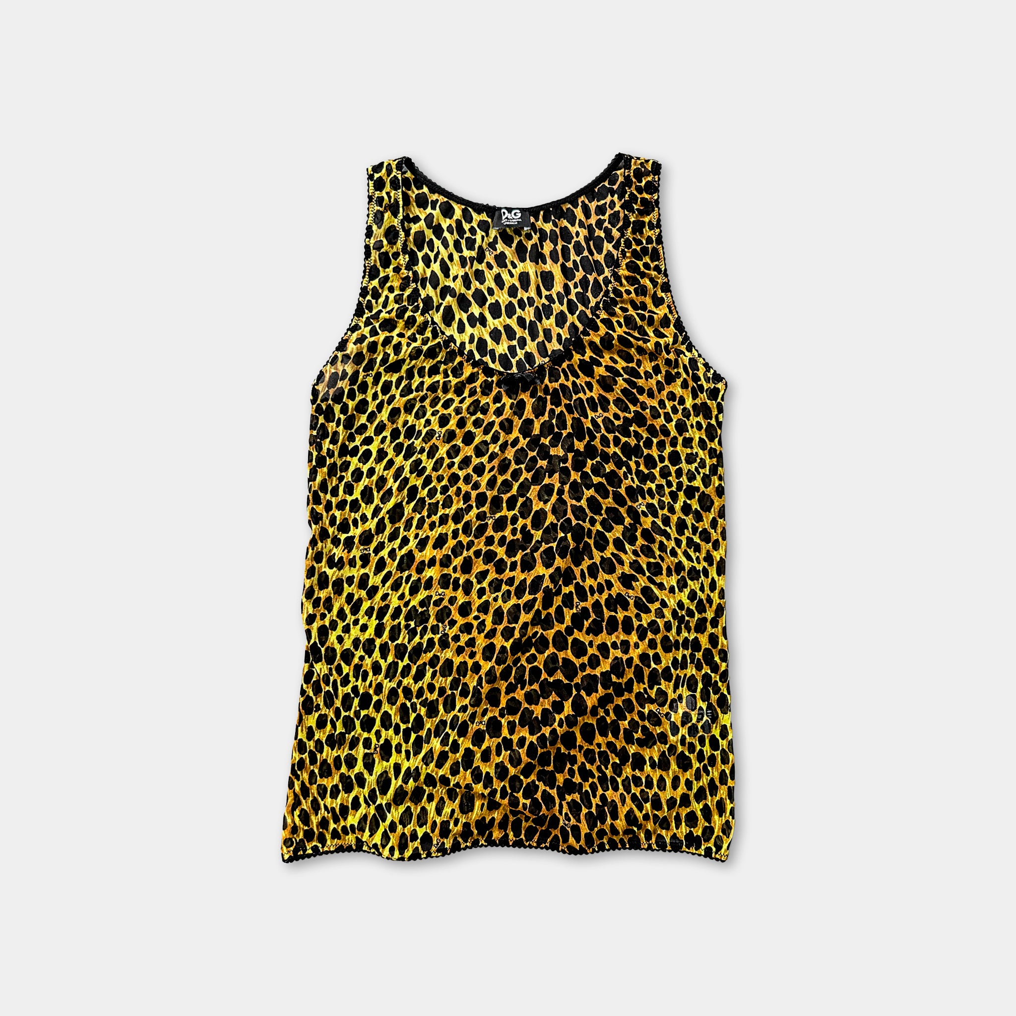 A yellow and black leopard print tank top is displayed against a white background.