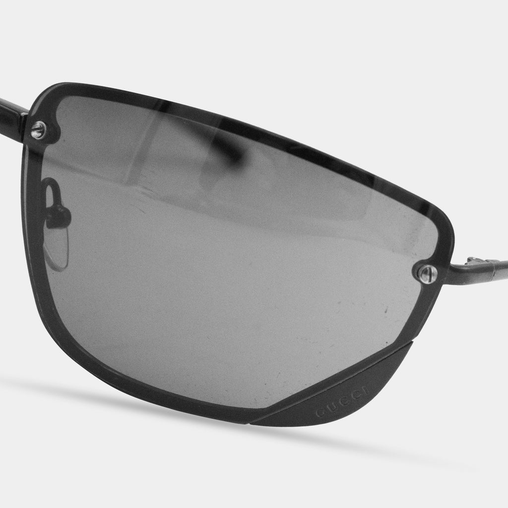 A pair of black-framed sunglasses with a dark lens.