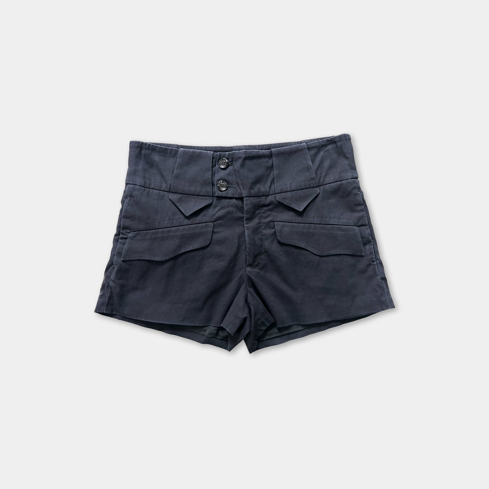 A pair of dark blue shorts with a high waist and two pockets.