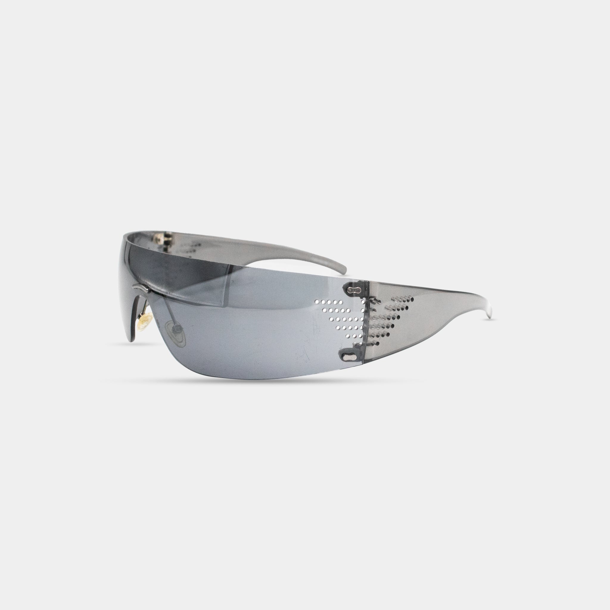 A pair of dark-colored sunglasses with a sleek, modern design.