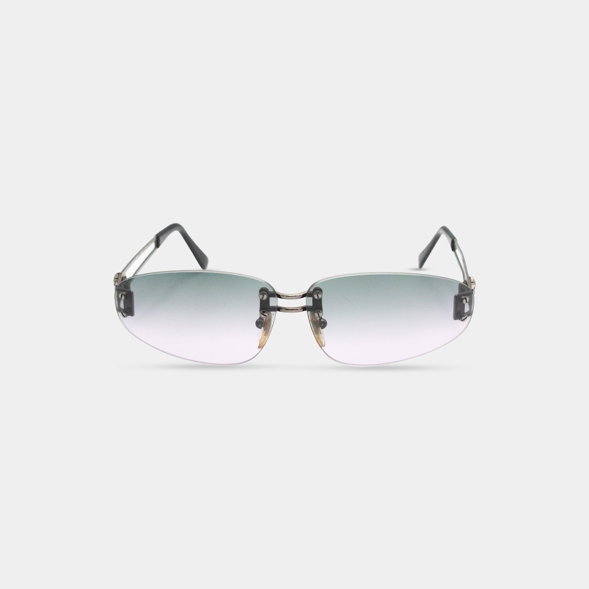 A pair of rimmed, dark-framed glasses with a gradient lens design.