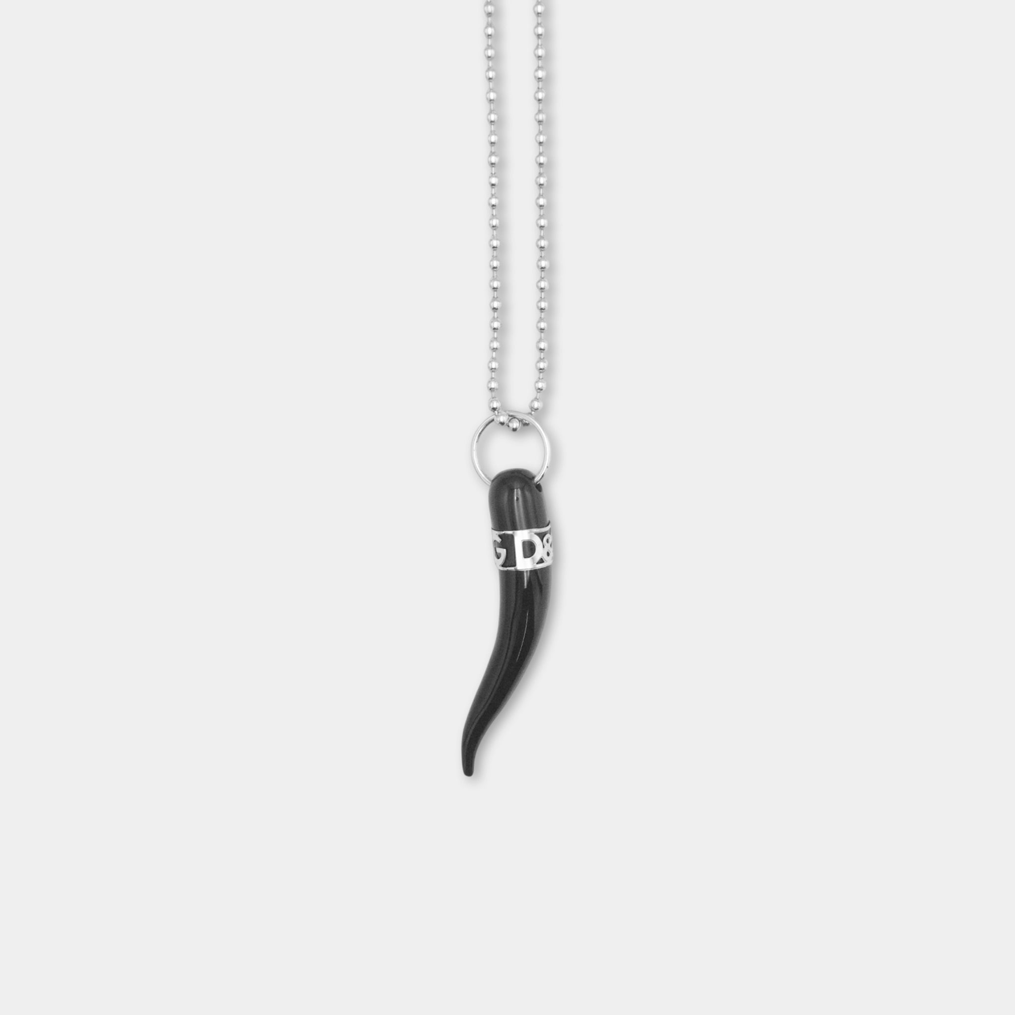 A black pendant with a silver chain is hanging against a white background.