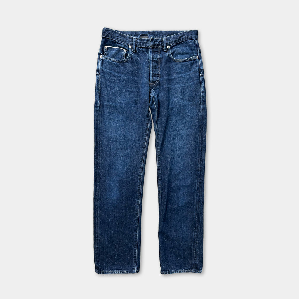 A pair of blue jeans with a classic straight leg design.