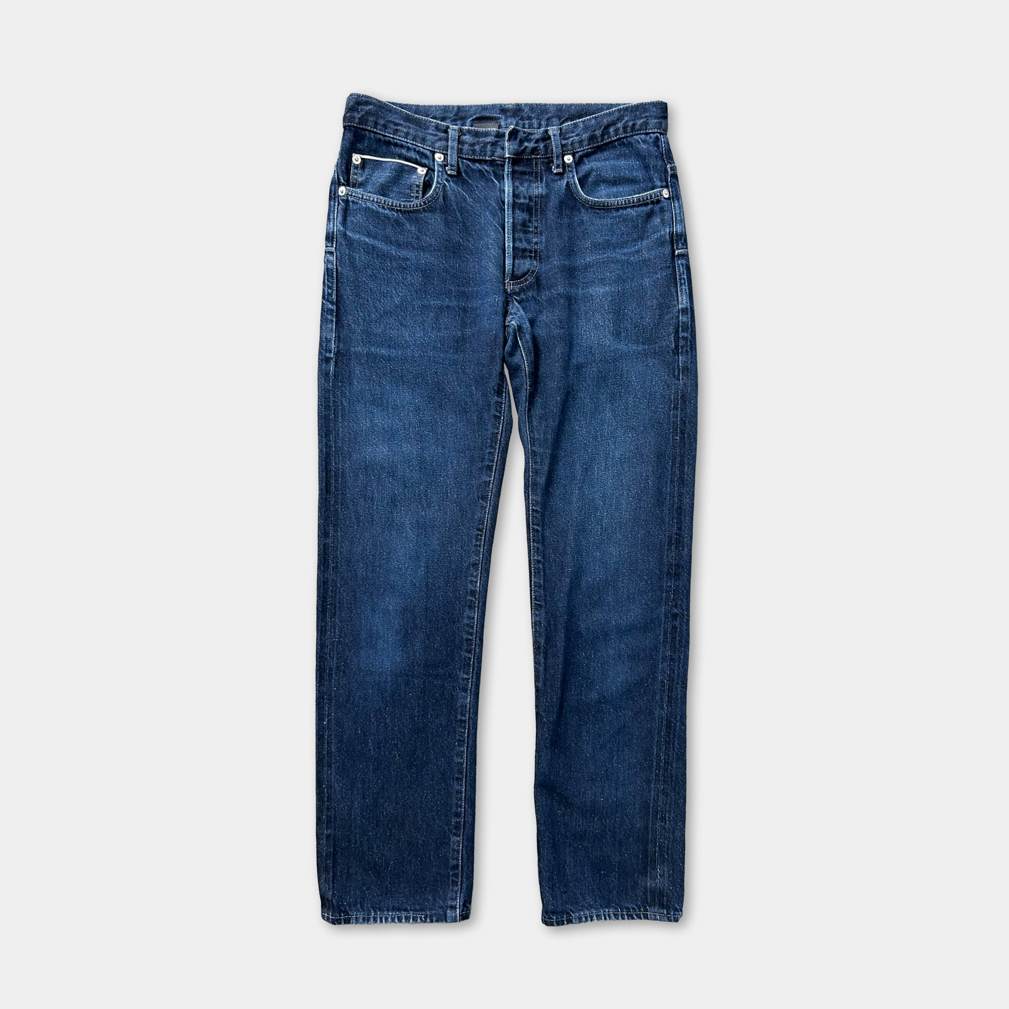 A pair of blue jeans with a classic straight leg design.