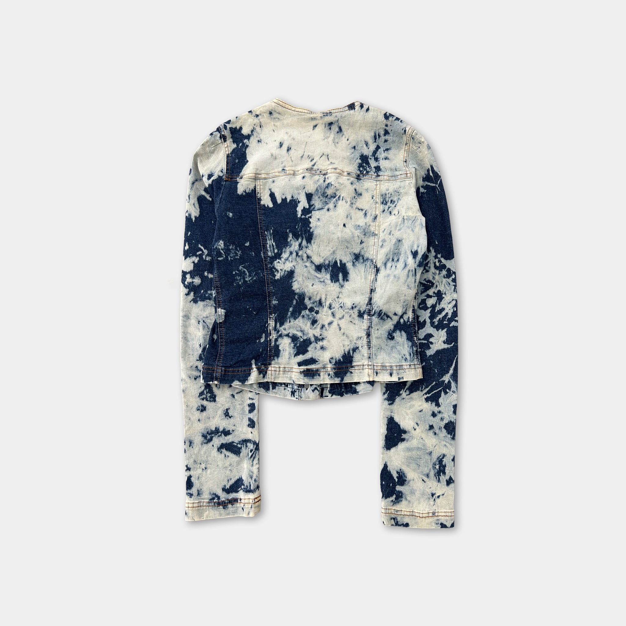 a denim jacket with a tie-dye pattern, featuring a mix of blue and white colors.