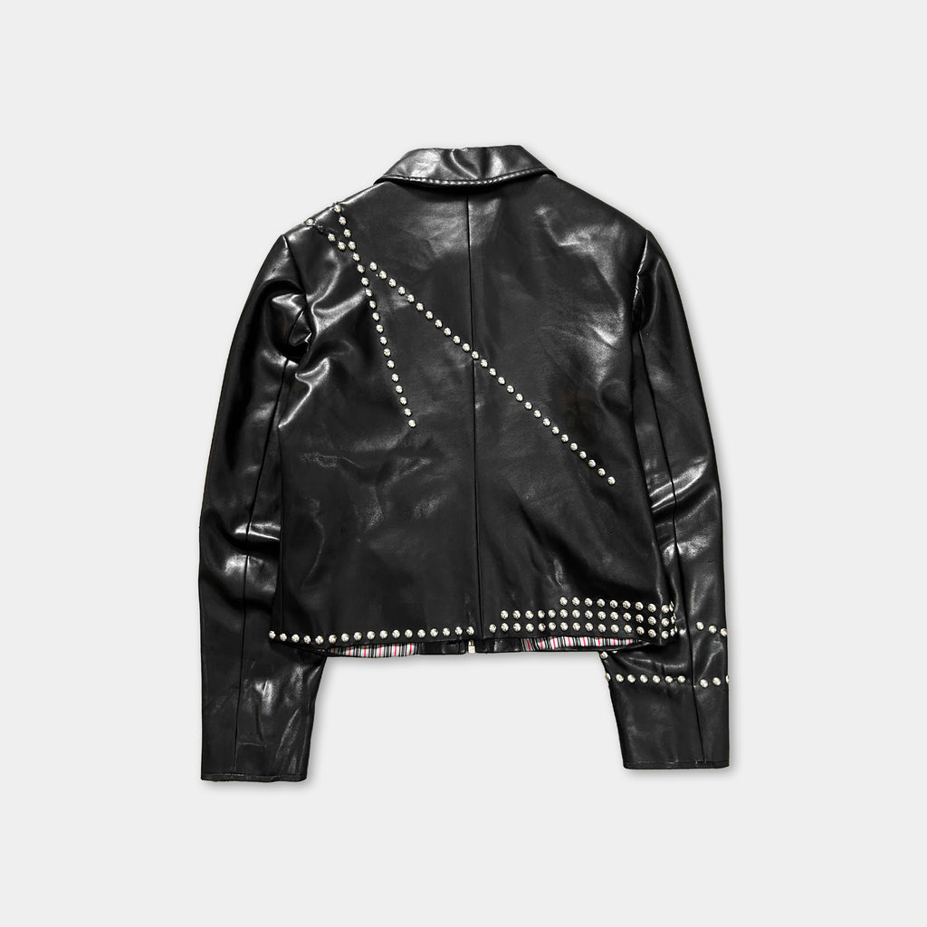 A black leather jacket with white studs or studs on the sleeves and collar.