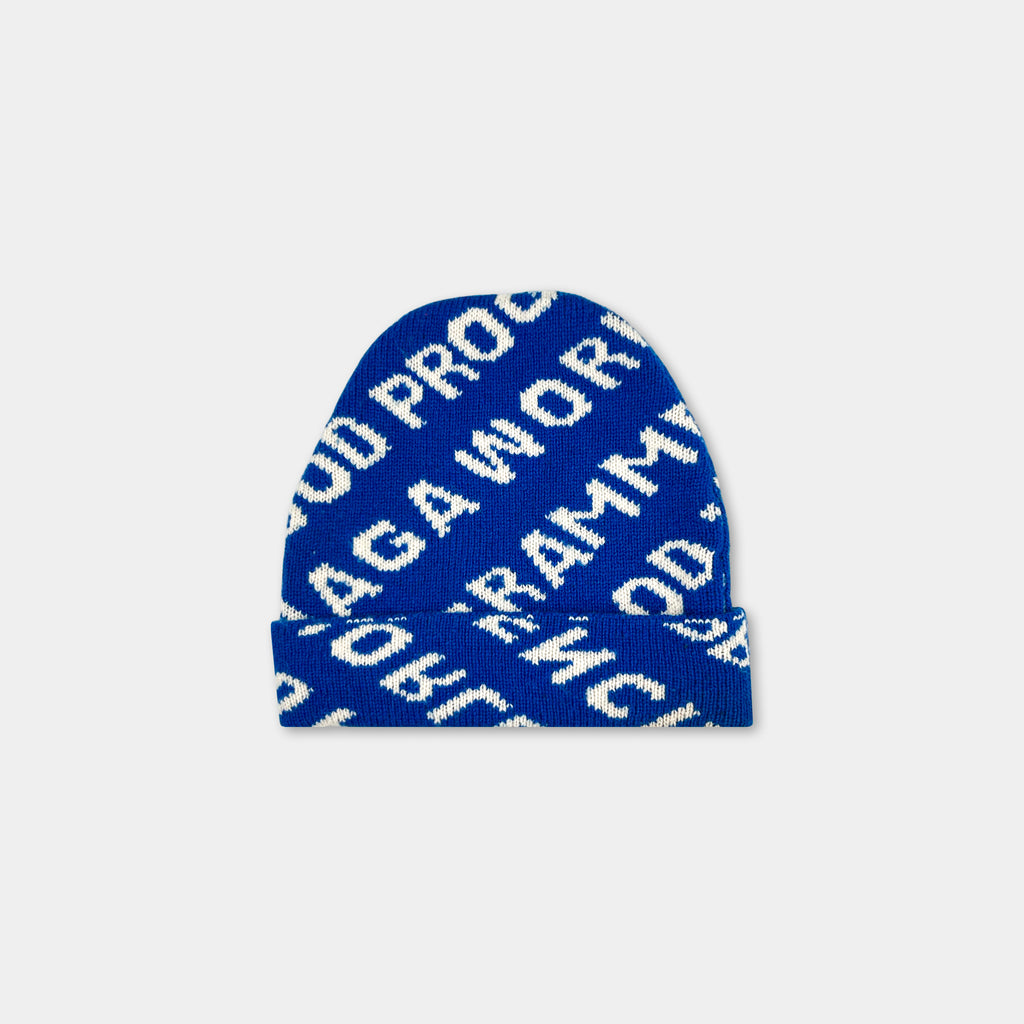 A blue knit beanie with white text on it.
