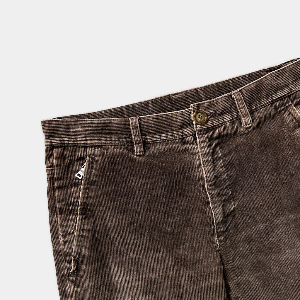 A pair of brown corduroy pants with a button waistband and a zipper pocket.