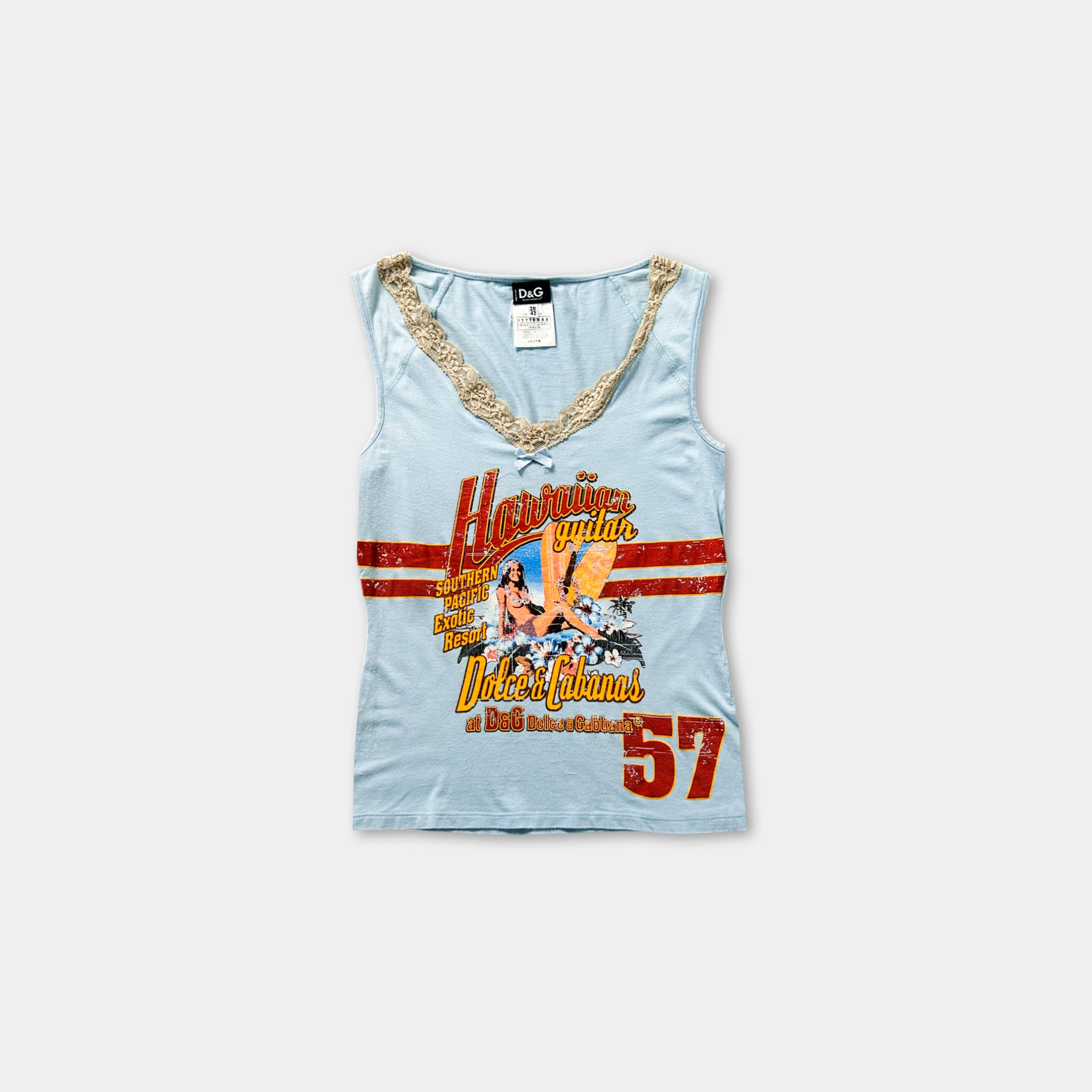 A light blue tank top with a graphic design featuring a woman and text.