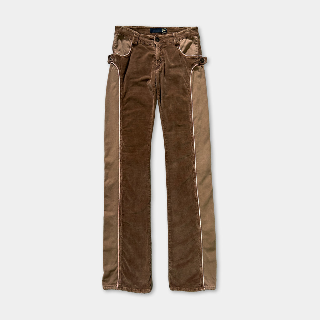 A pair of brown velvet jeans with a distinctive design on the front.