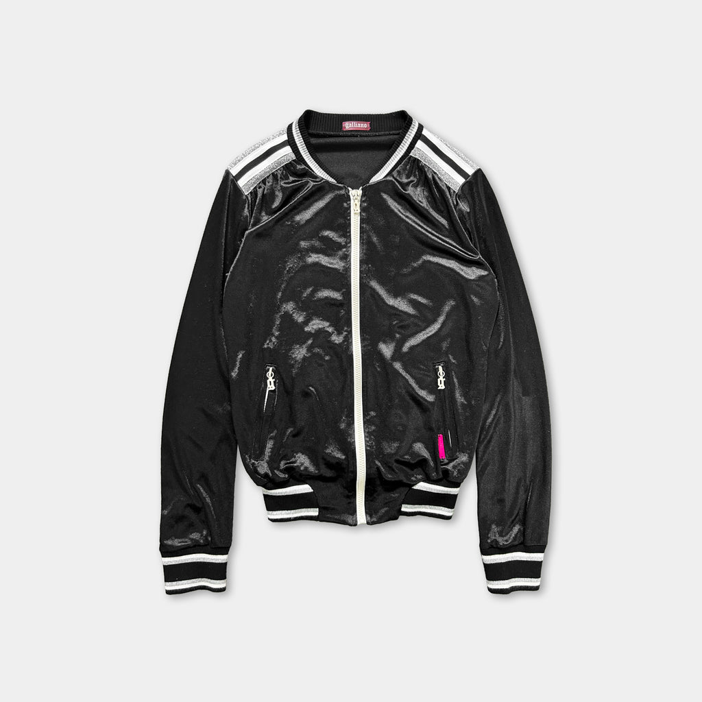 A black and white jacket with a zipper and two pockets.