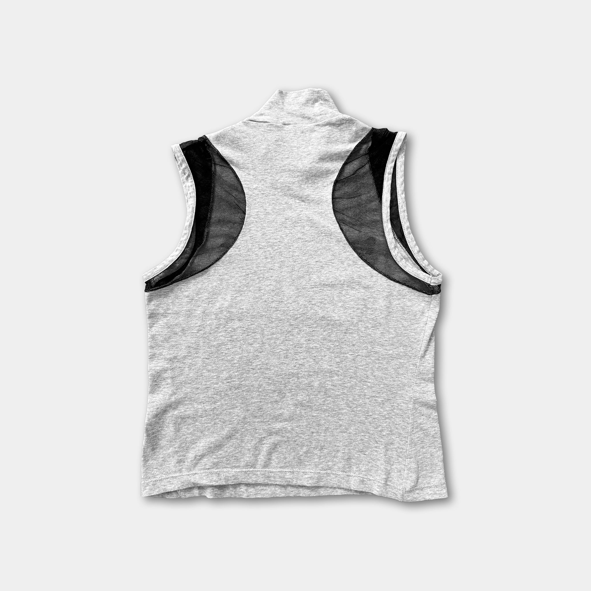 A gray sleeveless top with black mesh panels on the shoulders and back.