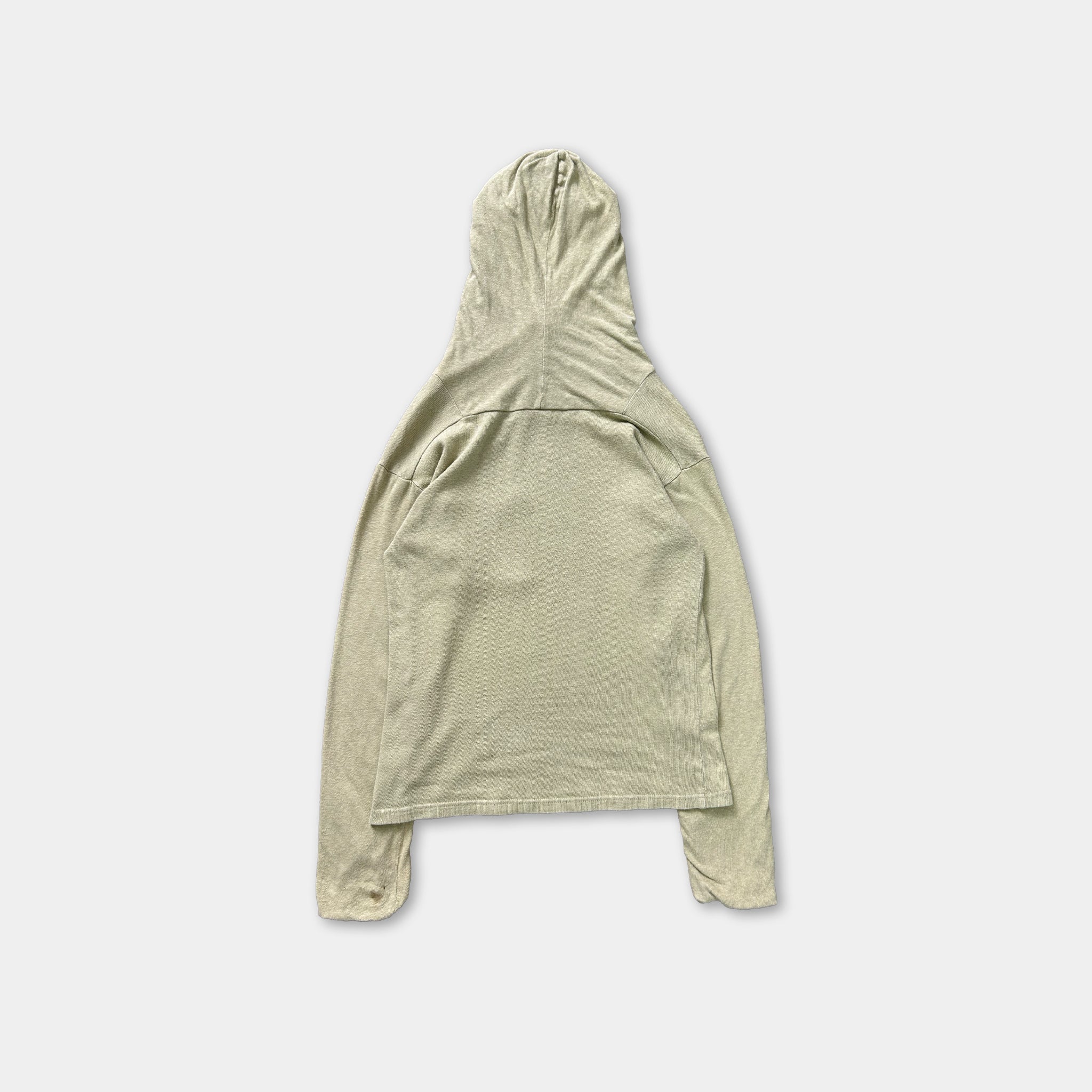 A beige hooded sweatshirt is shown against a plain white background.