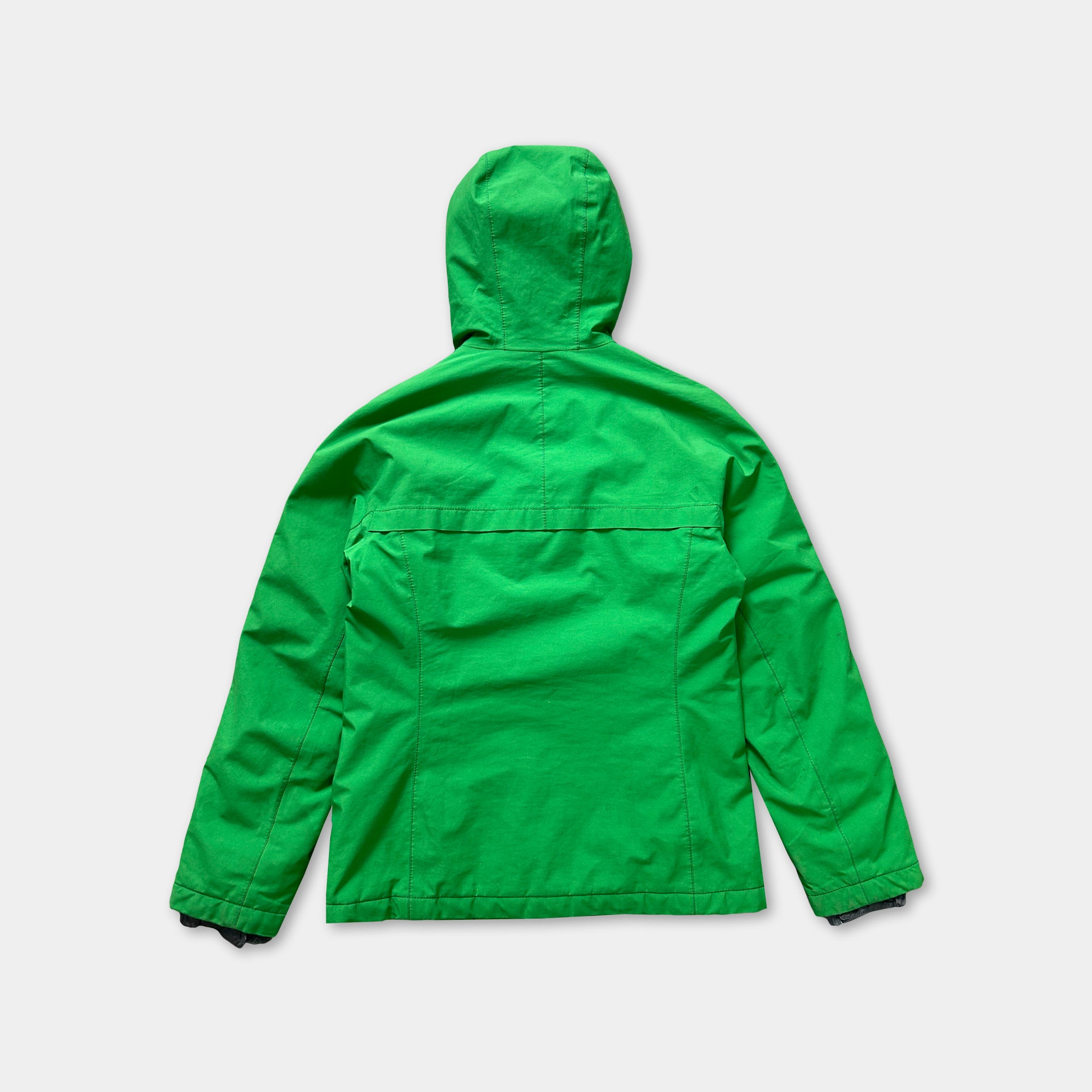 A bright green jacket with a hood is shown against a white background.