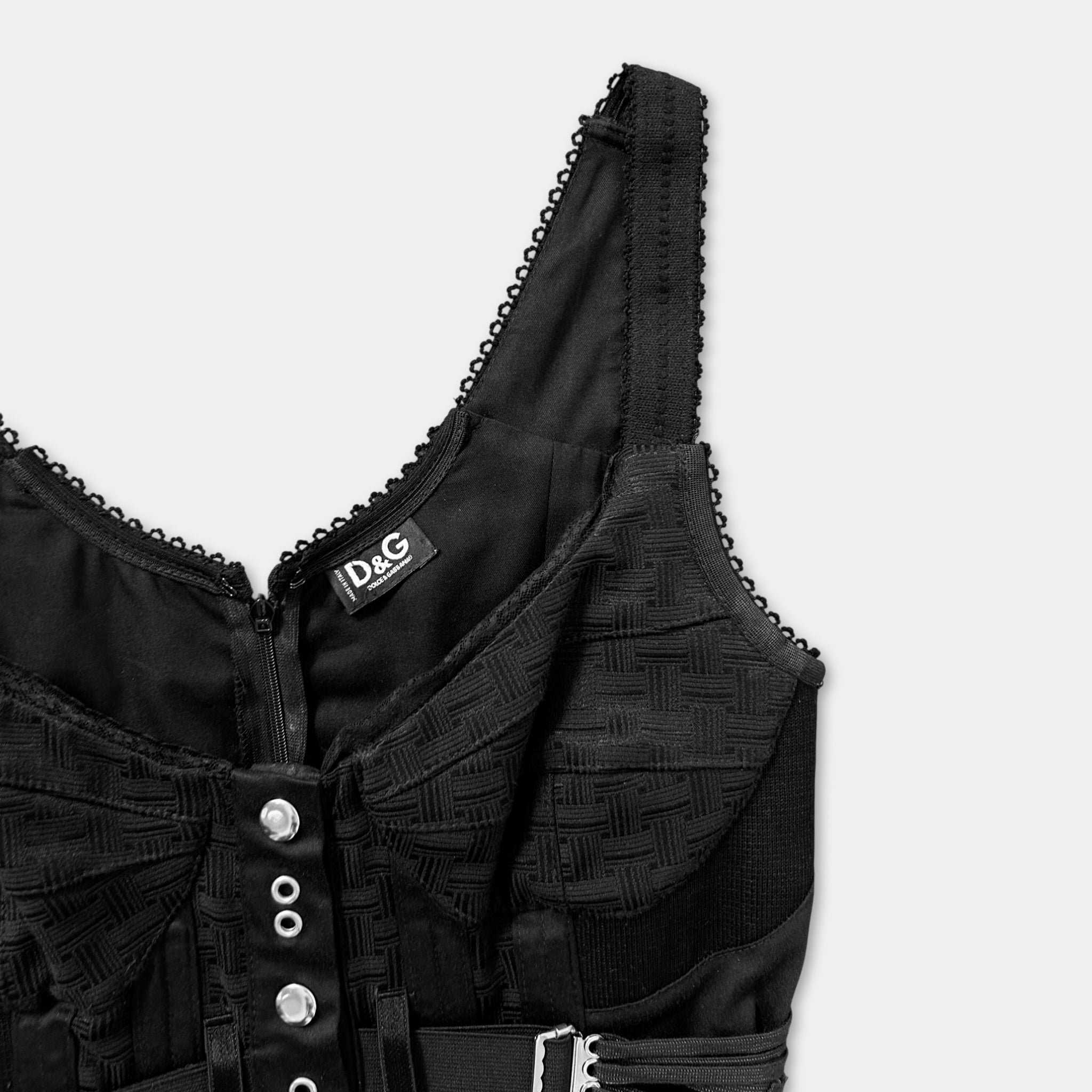 A close-up view of a black dress with a lace-like trim, buttons, and a zipper.