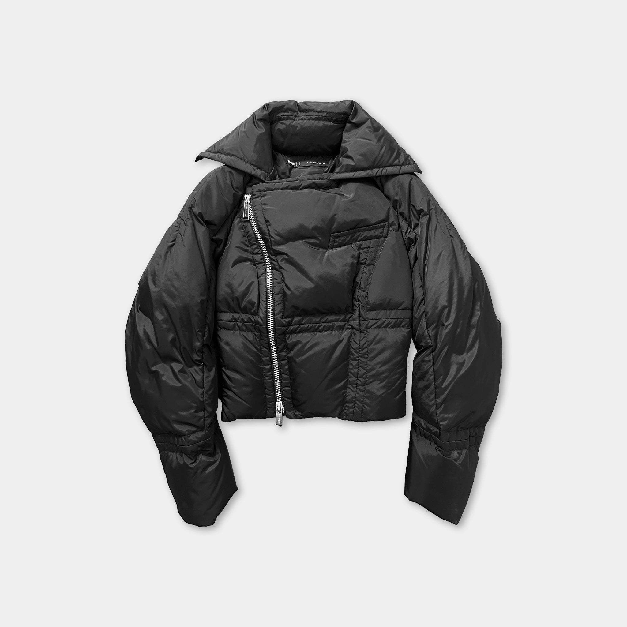 A black puffy jacket with a zipper and collar, displayed against a white background.