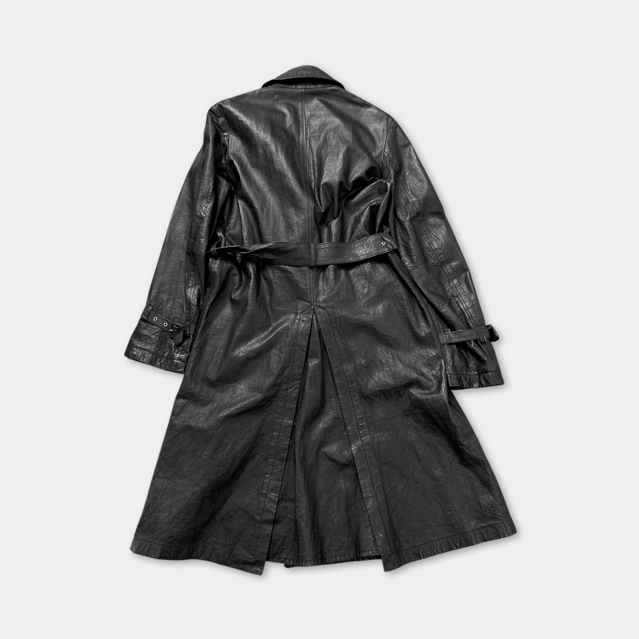 A black leather trench coat is shown in the image.