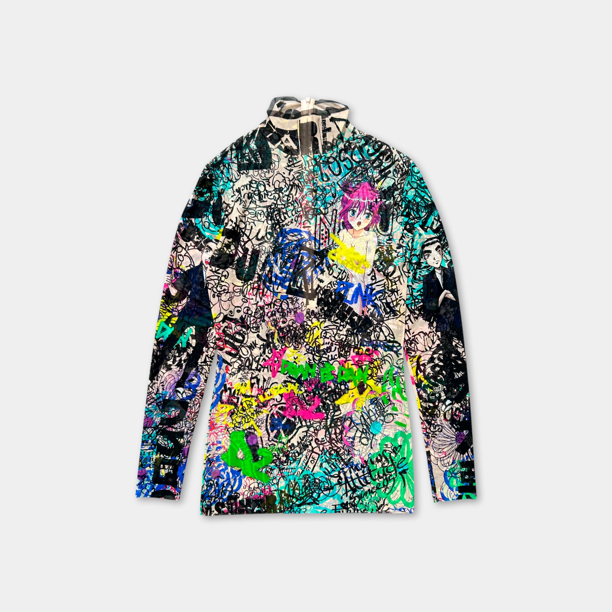 a long-sleeved shirt with a vibrant, colorful, and heavily decorated design. The design includes various patterns, graffiti-like elements, and a mix of different colors, creating a visually striking and unique appearance.