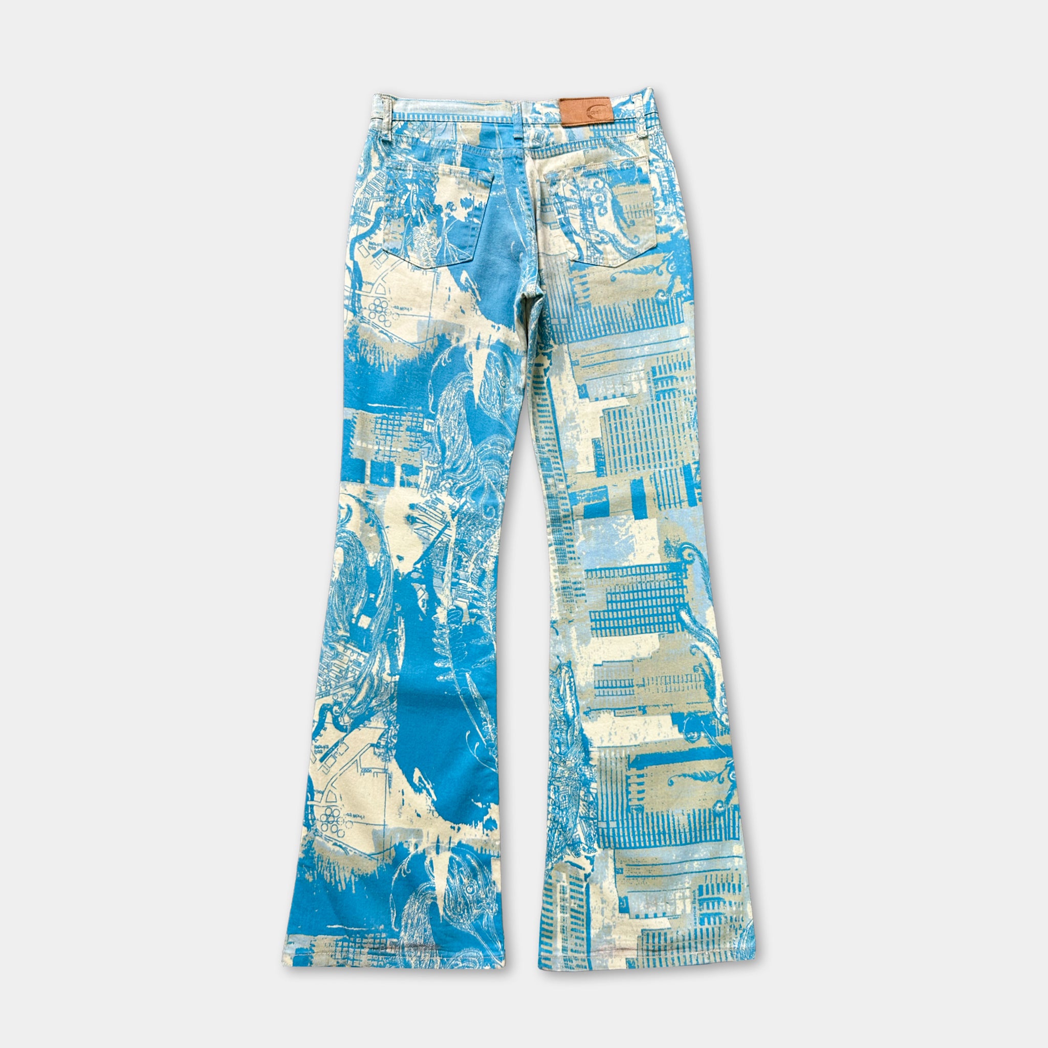 A pair of blue and white patterned jeans with a unique design.