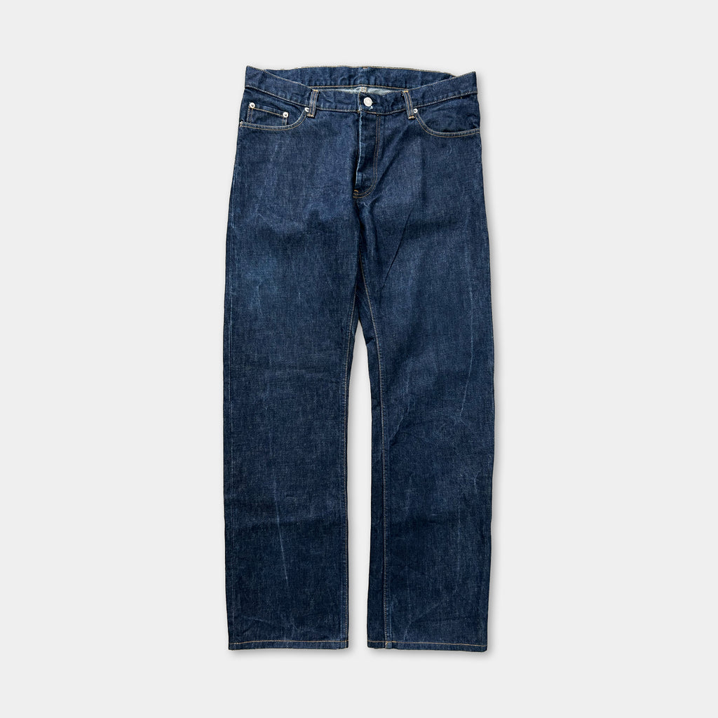 A pair of blue denim jeans with a button closure and a pocket on the front.