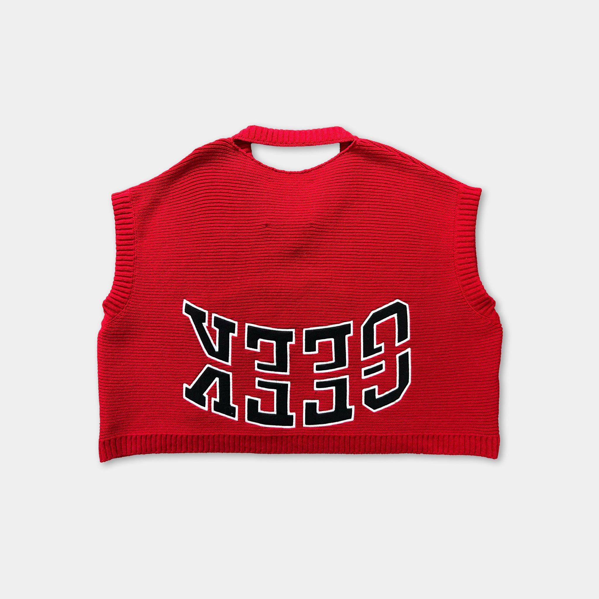 A red sweater with the word "GEEKS" printed on it.