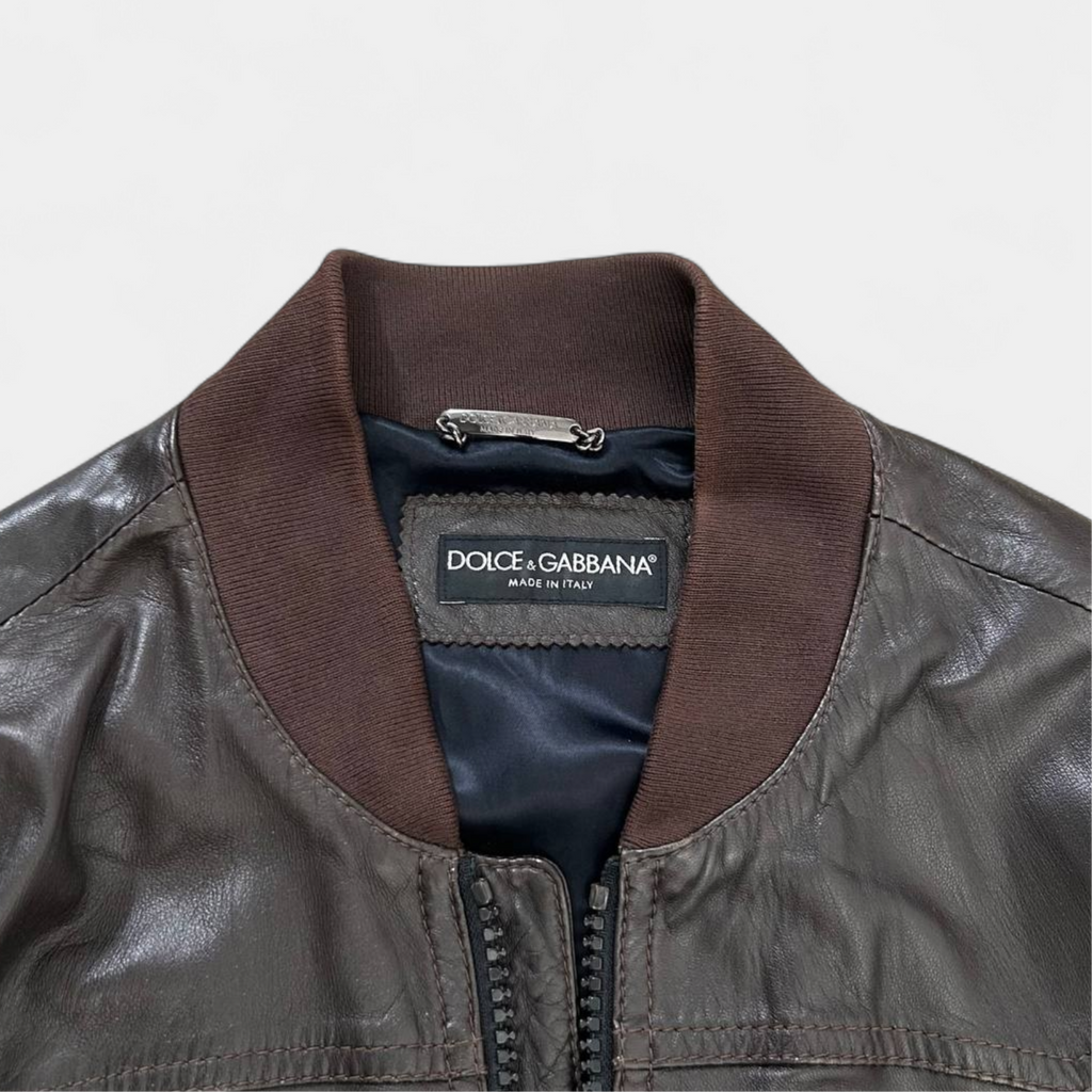 Dolce & Gabbana Brown Leather Bomber Jacket
