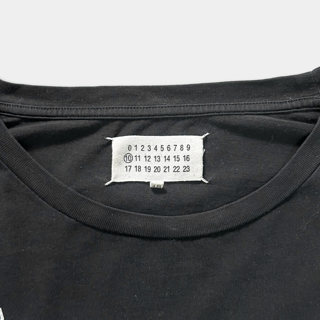 a close-up view of a black t-shirt with a white label on the collar. The label displays numbers and text, but the image does not contain any text that can be described in fewer than 500 characters.