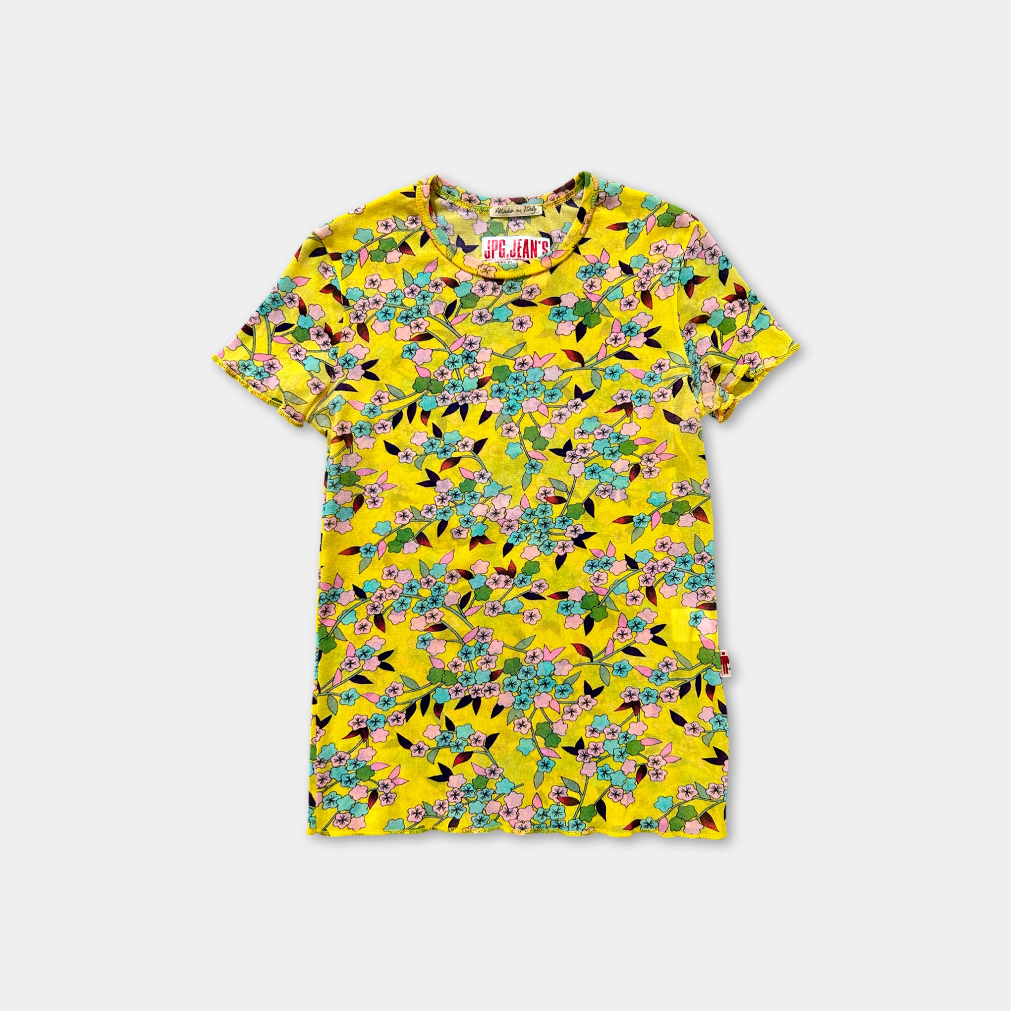 A yellow dress with a floral print pattern.
