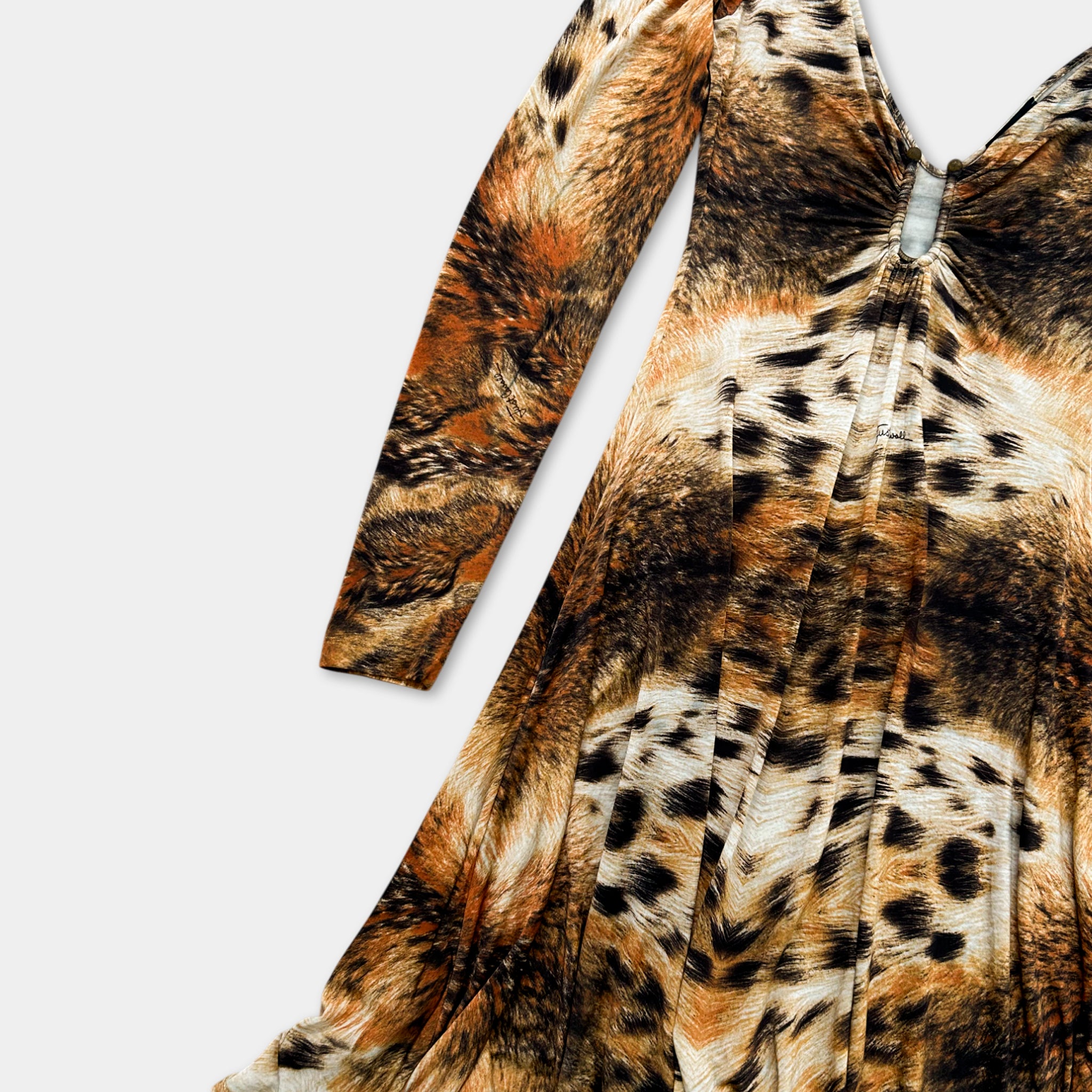 A long-sleeved dress with a leopard print pattern, featuring a v-neck and long sleeves.