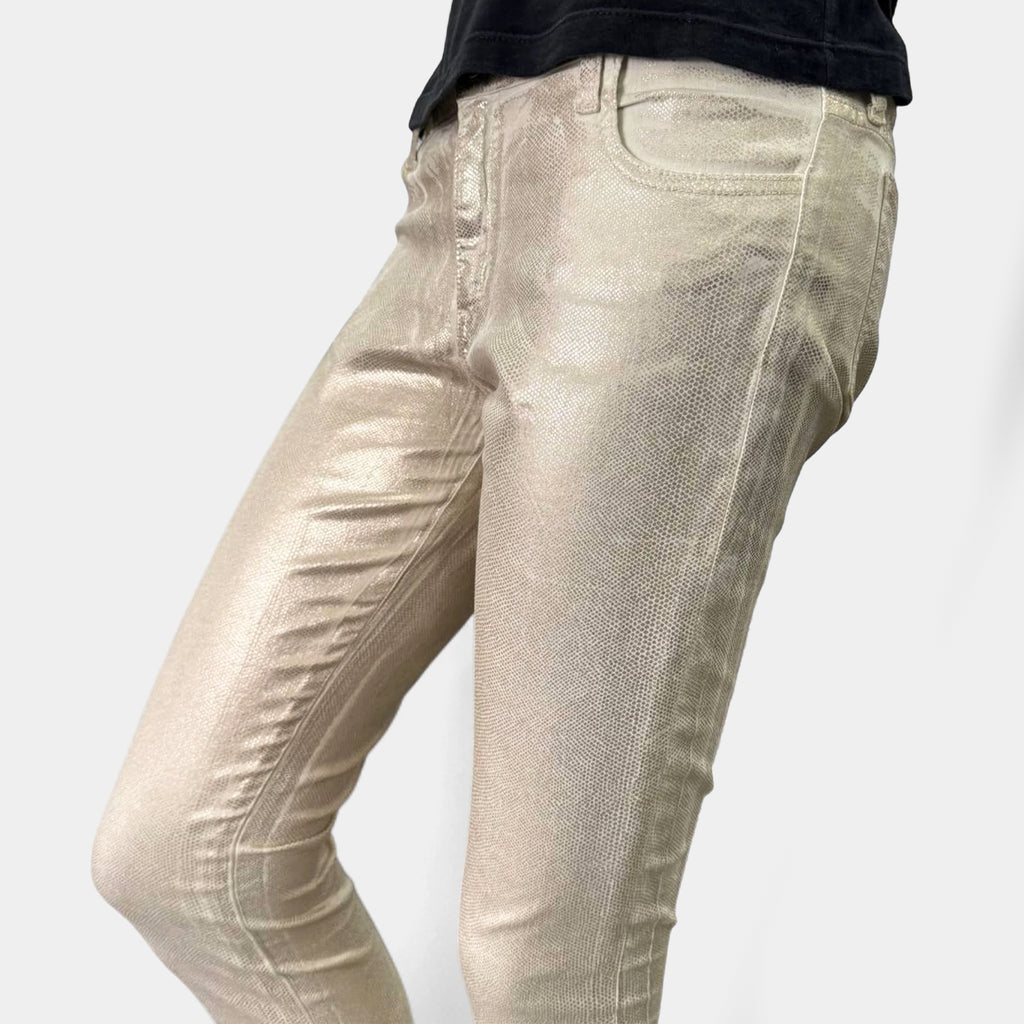 75 Faubourg 2010s Metallic Beige Snakeskin Coated Skinny Pants