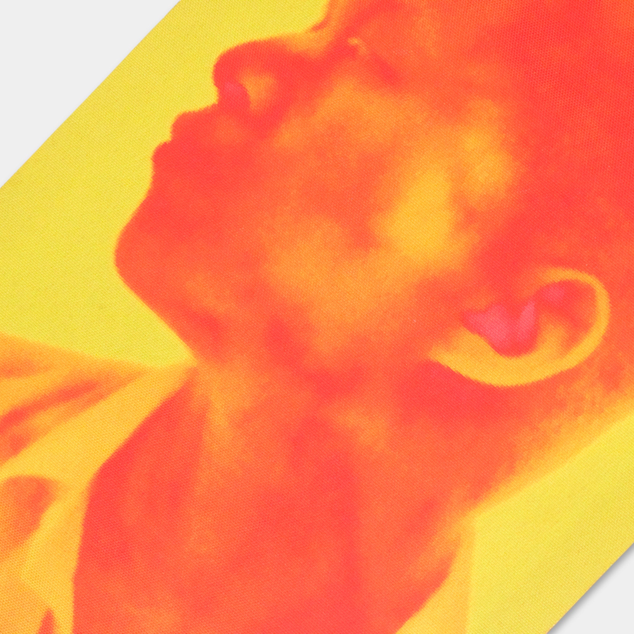 The image is a close-up of a person's face, with a warm, vibrant color palette of red and yellow.