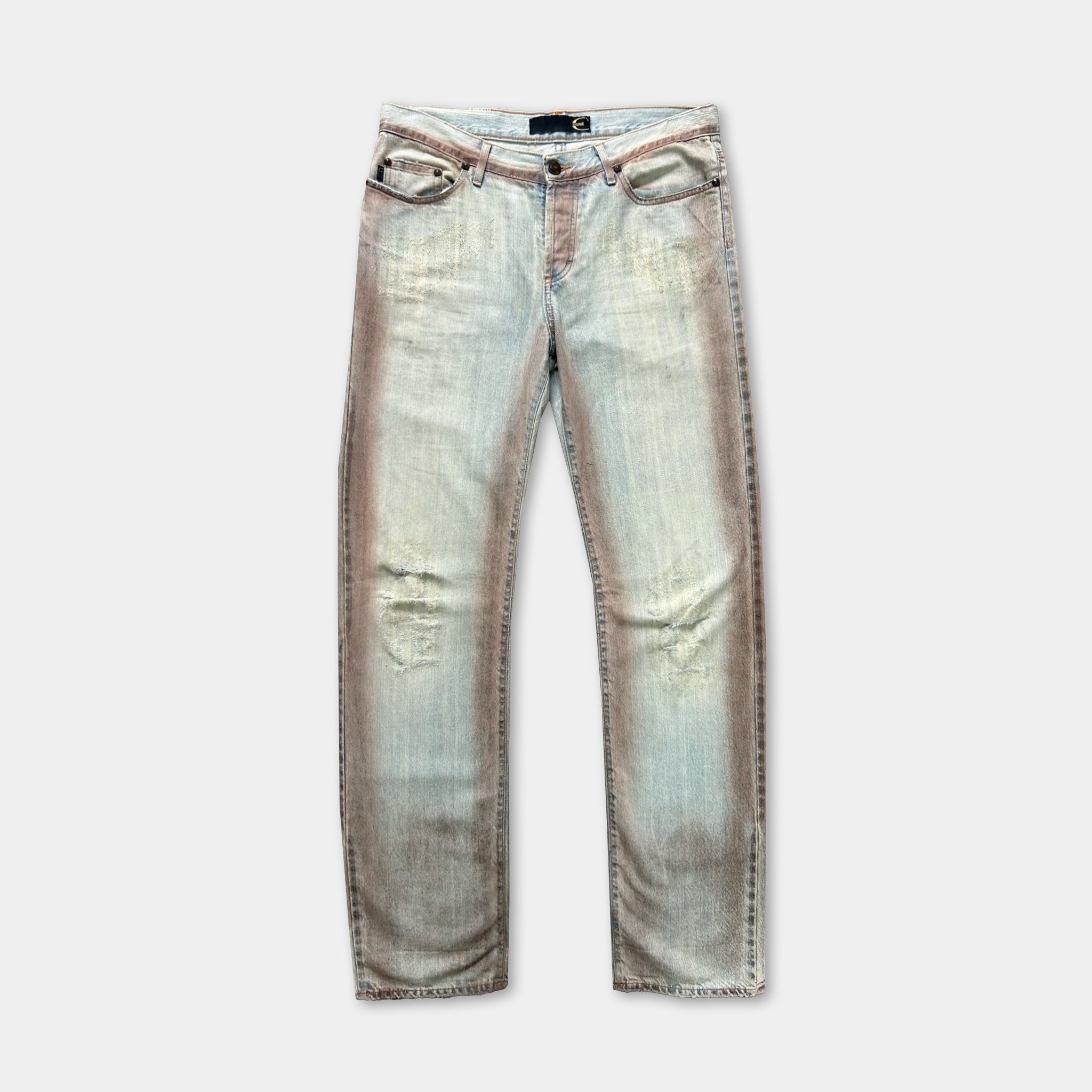 A pair of light blue, distressed jeans with a faded, worn appearance.