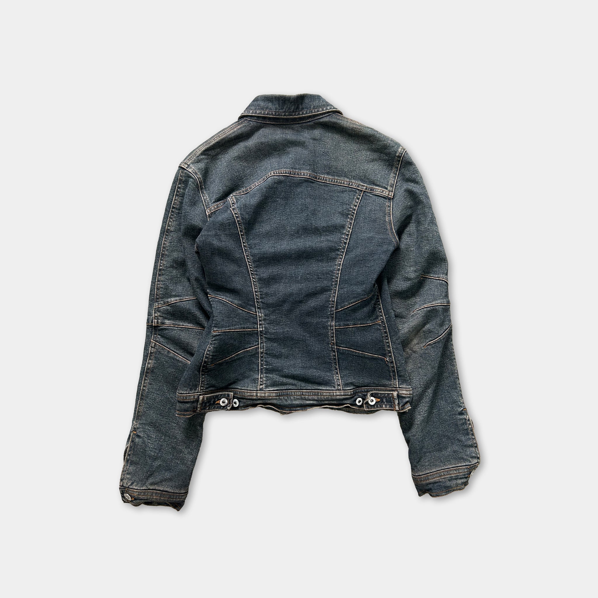 a denim jacket with a high collar and long sleeves, laid out against a plain background.